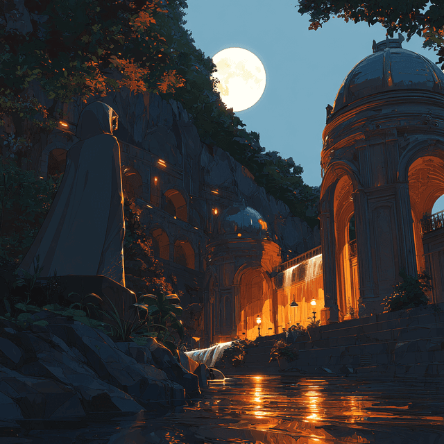 Veiled woman gazing at architecture under the night sky